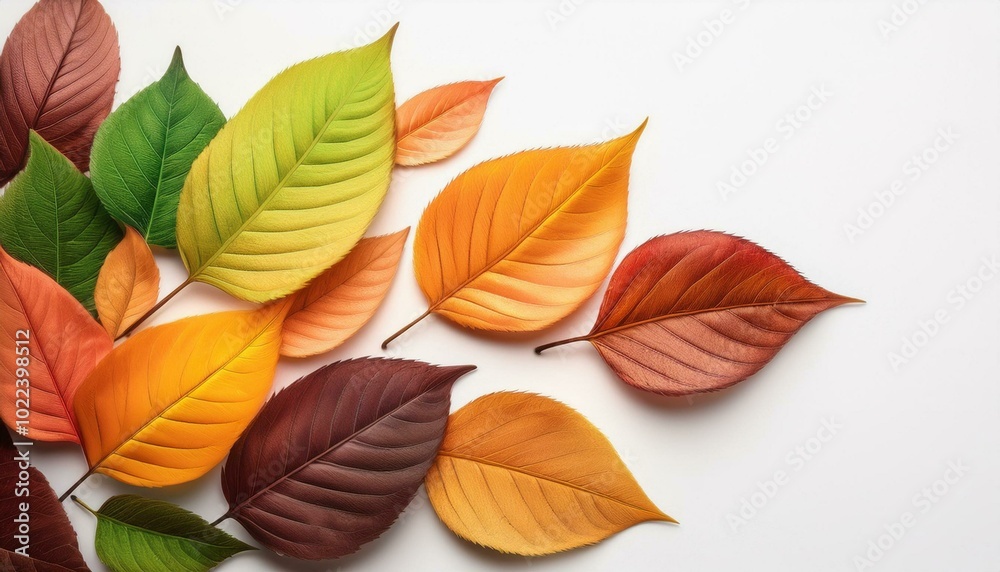 Fototapeta premium a variety of colorful autumn leaves, isolated on a white background, highlighting the vibrant colors of yellow, orange, and green with detailed textures and close-up veins