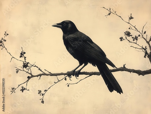 vintage engraving of a crow perched on a gnarled branch, exuding a sense of mystery and character, with intricate details and a timeless aura that conveys the beauty of nature and artistry photo