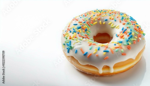 A colorful donut with sprinkles isolated on a white background, showcasing a sweet and tasty baked treat