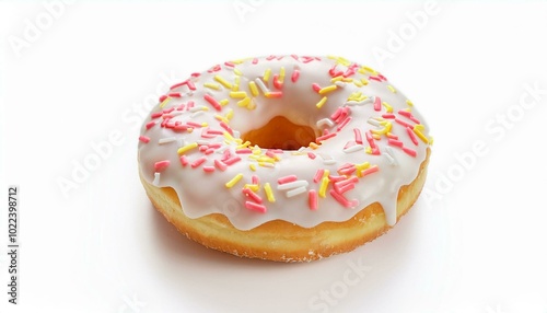 A colorful donut with sprinkles isolated on a white background, showcasing a sweet and tasty baked treat