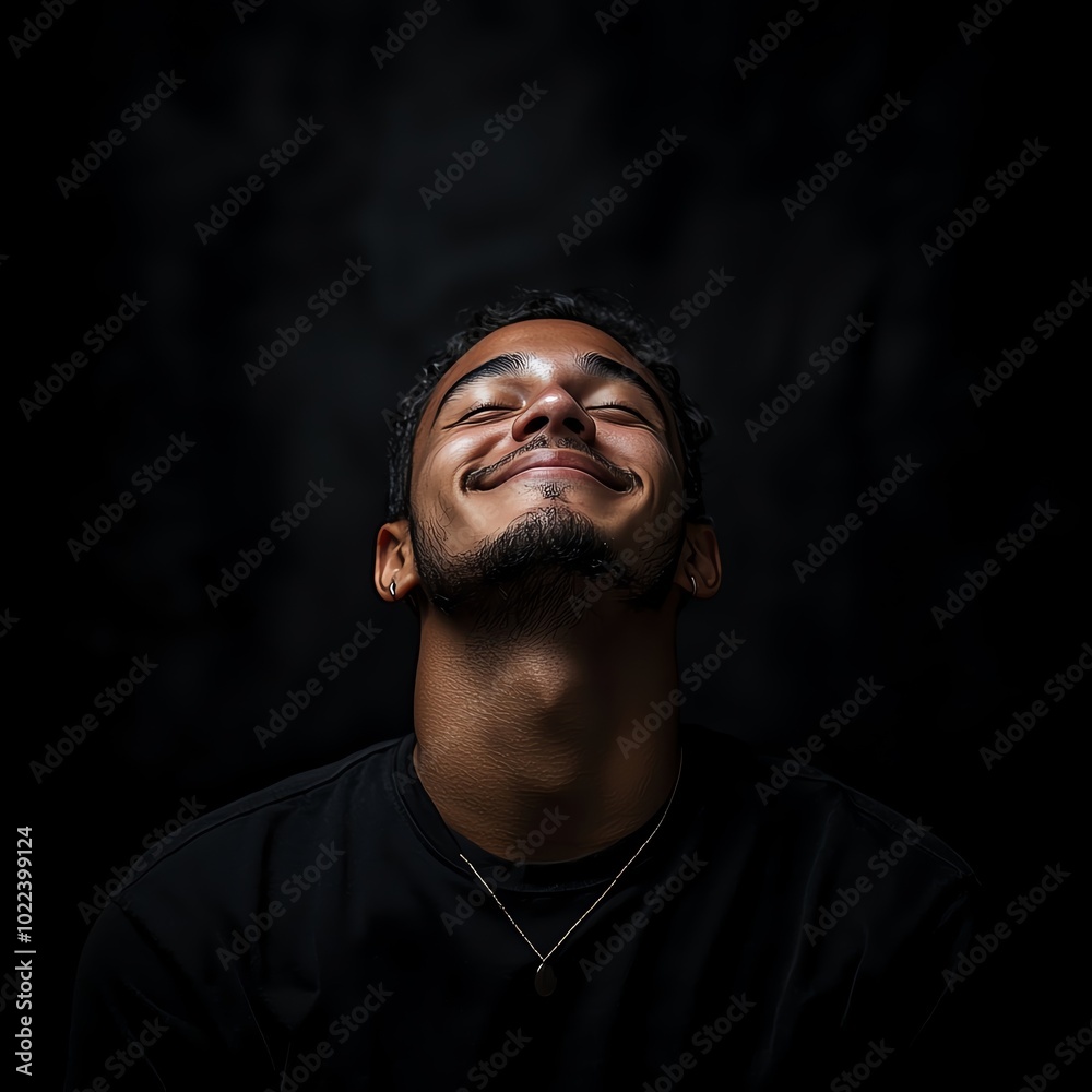 A serene portrait of a man wearing a black shirt, smiling gently with a dark background, evoking a sense of calm and happiness. A serene portrait of a man wearing a black shirt, smiling gently with a dark background, evoking a sense of calm and happiness.