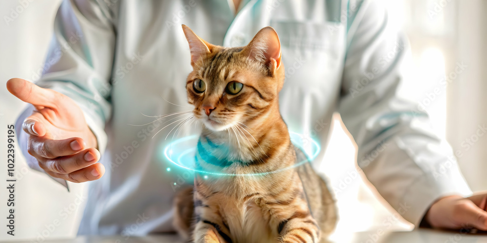 Close Up of Patient Interacting with Holographic Therapy Cat: Macro Shot Showcasing Hand Movements and Holograms for Advanced Emotional Support in Therapy Sessions