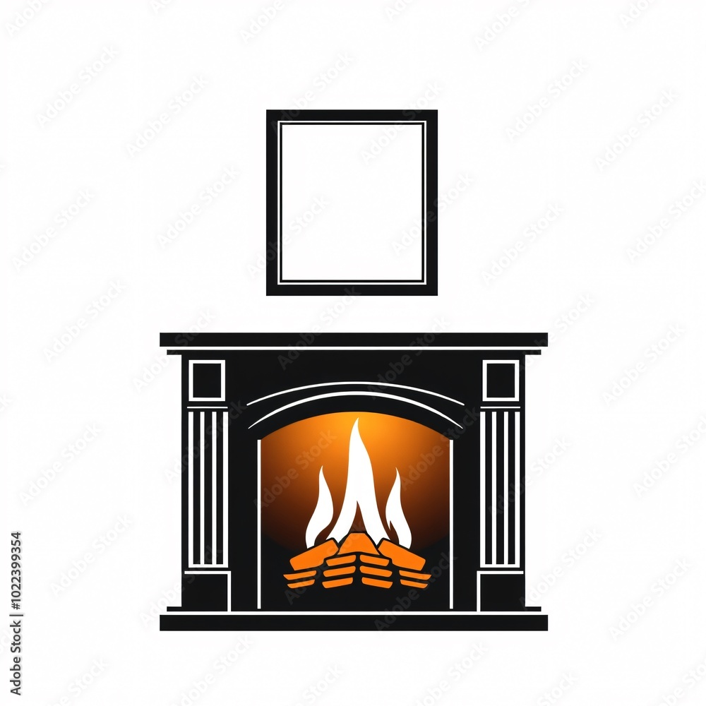 Cozy fireplace with flames and empty frame, perfect for winter ambiance decoration in a living room setting Cozy fireplace with flames and empty frame, perfect for winter ambiance decoration in a living room setting