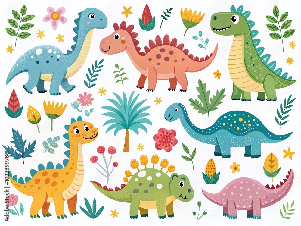 Naklejka premium Cute Cartoon Dinosaurs in Scandinavian Style for Kids - Colorful Baby Prints Illustration