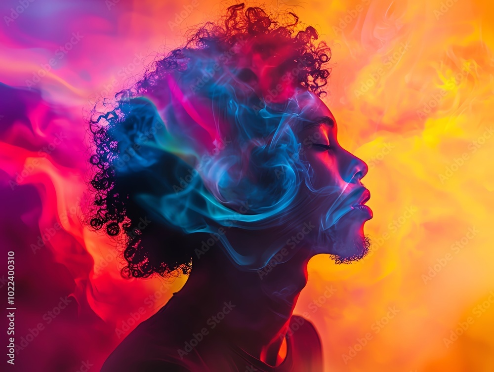 A vibrant and colorful silhouette of a person adorned with swirling smoke and light, evoking creativity and imagination. A vibrant and colorful silhouette of a person adorned with swirling smoke and light, evoking creativity and imagination.