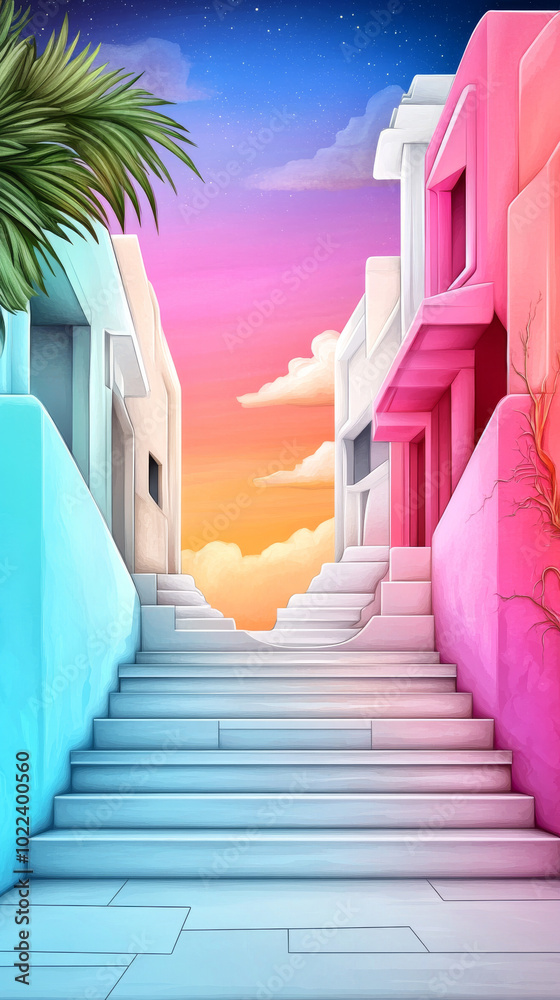 Pastel-colored buildings line a staircase leading up to a colorful sunset. Pastel-colored buildings line a staircase leading up to a colorful sunset.