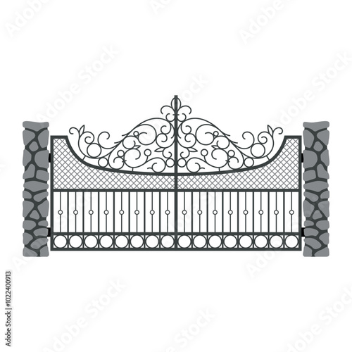 Forged gates ornamental decorative curved metallic railing gray stones vector flat illustration
