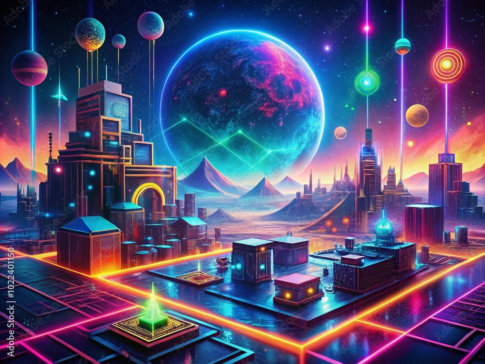 Obraz premium Cyberpunk Retro Futuristic Aerial Abstract Design Elements for Trendy 2022 Posters