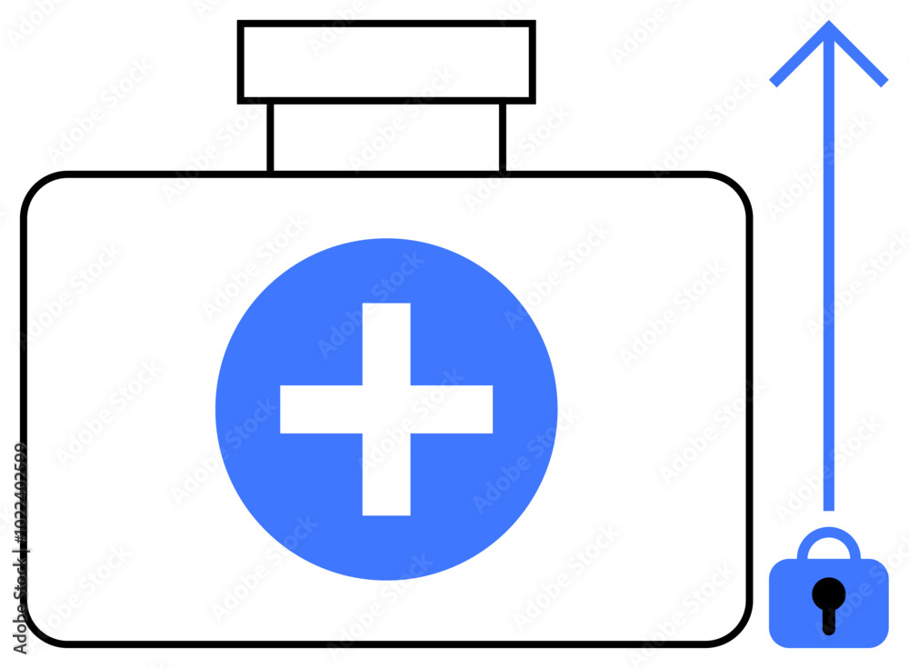 Fototapeta premium A minimalist style medical first aid kit with a blue cross symbol, accompanied by an upward arrow and a blue lock. Ideal for health care, first aid, safety, medical security, emergency preparedness