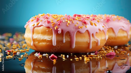 three glazed donuts with pink glaze and sprinkles photo