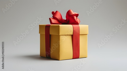 6. A minimalist image with a white background featuring a single yellow gift box with a red bow, positioned in the center
