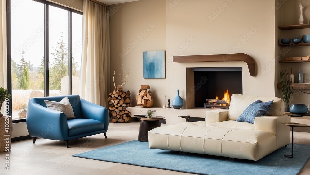 Cozy room design with a beige leather sofa, blue fabric lounge chair, and a contemporary fireplace for added charm Cozy room design with a beige leather sofa, blue fabric lounge chair, and a contemporary fireplace for added charm