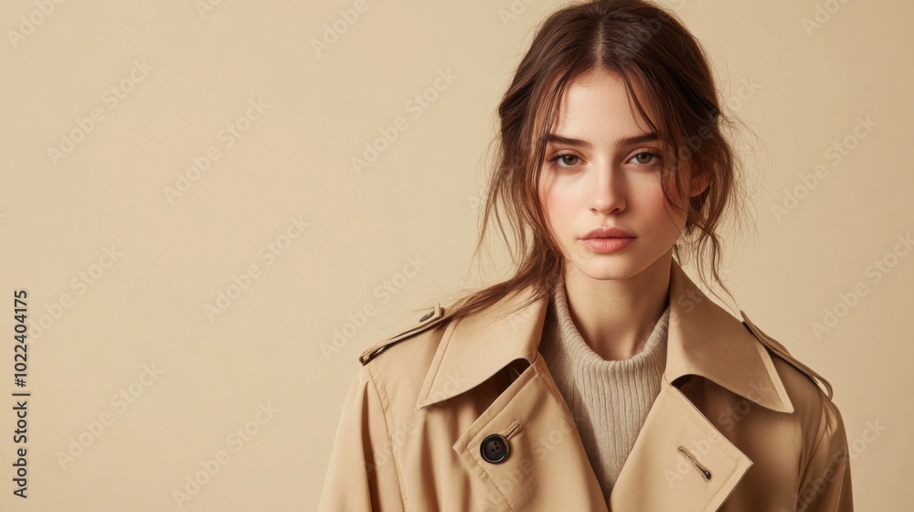 Portrait of a young woman with long brown hair wearing a beige trench coat Portrait of a young woman with long brown hair wearing a beige trench coat