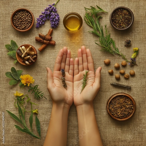 Reflexology chart with hands and natural oils, holistic healing concept.