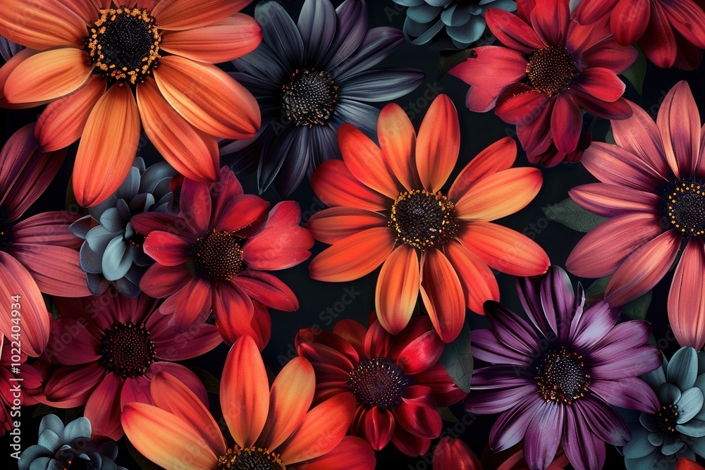 A variety of large, colorful flowers bloom prominently against a contrasting black backdrop, showcasing their beauty and detail. Generative AI