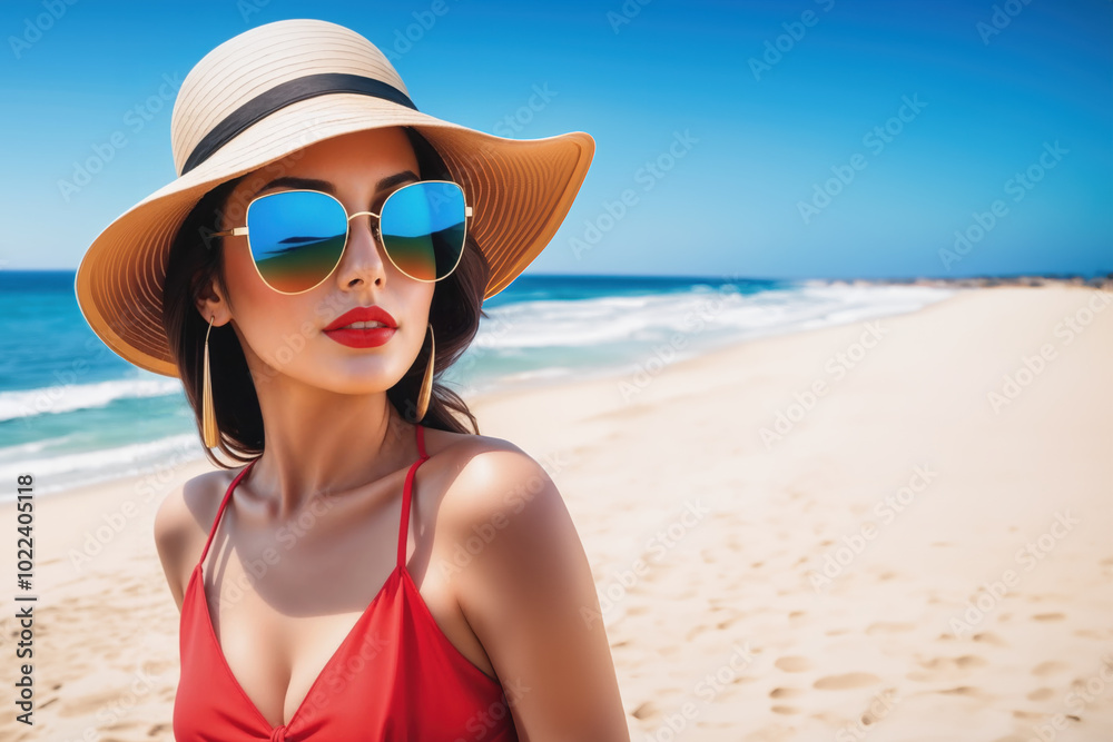 A woman in a red swimsuit and large blue sunglasses enjoys a sunny day at the beach. She wears a wide-brimmed hat, and the ocean waves gently lap at the sandy shore in the background. A woman in a red swimsuit and large blue sunglasses enjoys a sunny day at the beach. She wears a wide-brimmed hat, and the ocean waves gently lap at the sandy shore in the background.
