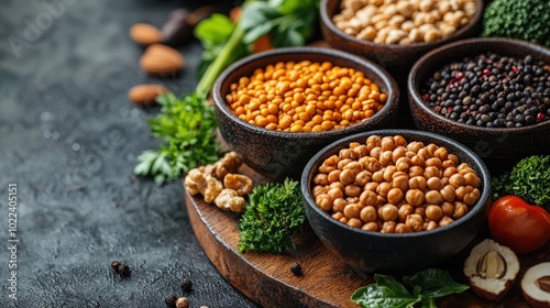 A close-up view of various seeds in rustic bowls, surrounded by fresh herbs and vegetables, showcasing a vibrant and healthy culinary scene.