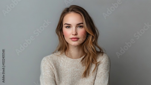 Young Woman with Long Brown Hair in a Knit Sweater