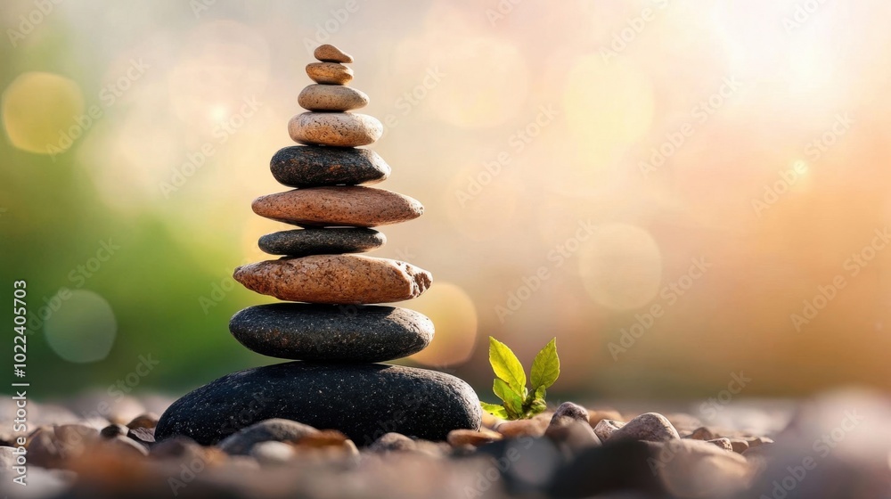 Obraz premium A stack of rocks with a leaf on top