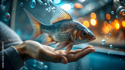 Abstract Art of a Fish Swimming Towards an Outstretched Hand in Soft Colors - Symbolizing Tranquility and Calming Effects of Pet Therapy with Aquatic Animals - Conceptual Photo Stock