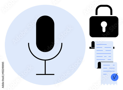 Microphone in circle, lock icon, and document with checkmark. Ideal for technology, security, privacy, voice recognition, and data protection themes. Modern, minimalist vector style