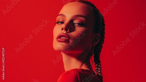 Close-up portrait of a woman with a braid, red lips, and a red background.