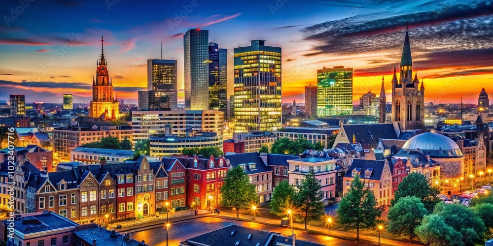 Fototapeta premium Eindhoven Cityscape Skyline Night Photography - Modern Flat Vector Icon of Landmarks and Buildings in Holland