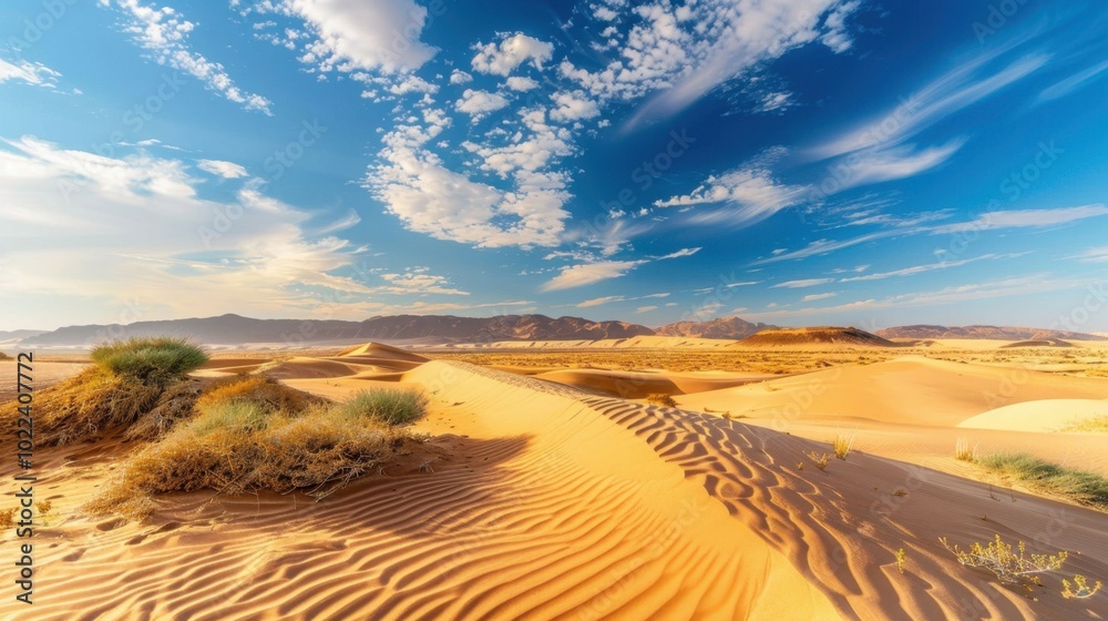 Naklejka premium A desert landscape with a blue sky and clouds