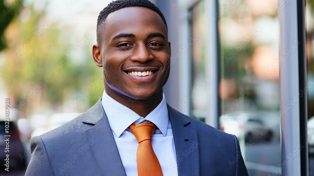 Confident Young Man in a Suit Smiles Brightly on a City Street During a Sunny Afternoon Confident Young Man in a Suit Smiles Brightly on a City Street During a Sunny Afternoon