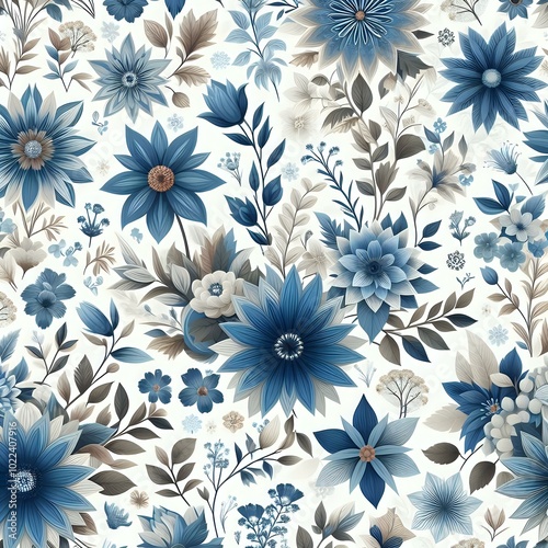 Wallpaper Mural Elegant Blue Floral Pattern with Detailed Petals and Leaves Torontodigital.ca