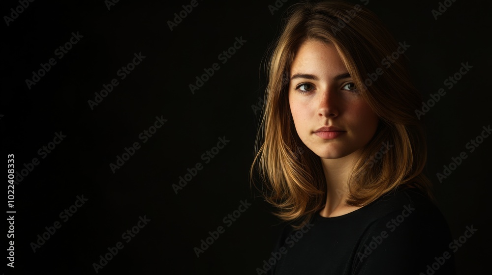 Portrait of a Young Woman with Blonde Hair and a Black Shirt Portrait of a Young Woman with Blonde Hair and a Black Shirt