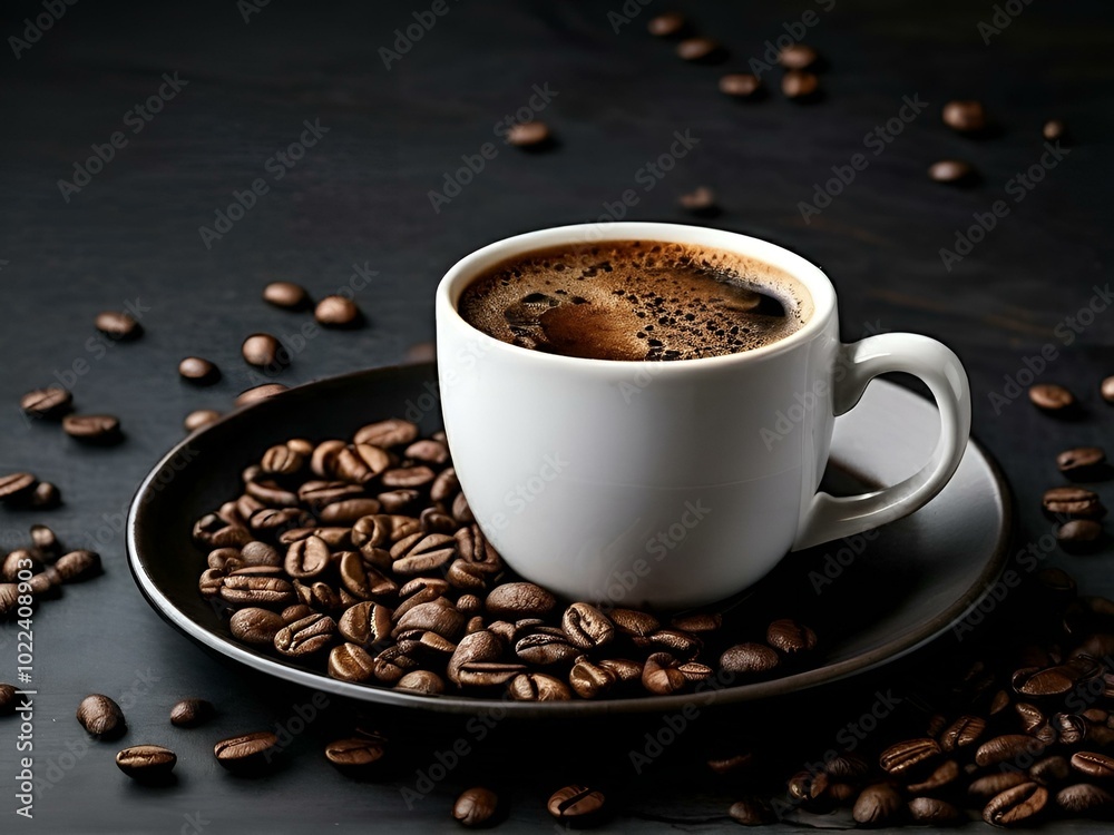 Fototapeta premium Coffee beans scattered on a sleek black background, highlighting their rich texture and deep brown color.