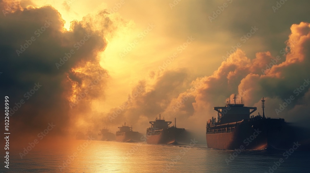 Silhouetted Cargo Ships Sailing Through a Misty Sunset