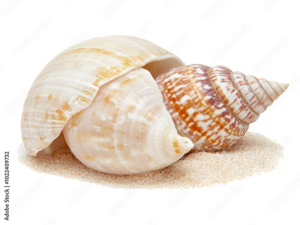 Sea snail shells on sand for coastal decor and marine life design projects Sea snail shells on sand for coastal decor and marine life design projects