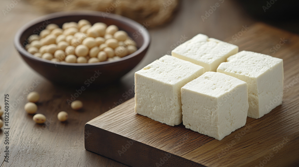 Fresh tofu cubes on wooden board with soybeans in bowl, showcasing natural ingredients. This highlights simplicity and health benefits of plant based foods Fresh tofu cubes on wooden board with soybeans in bowl, showcasing natural ingredients. This highlights simplicity and health benefits of plant based foods
