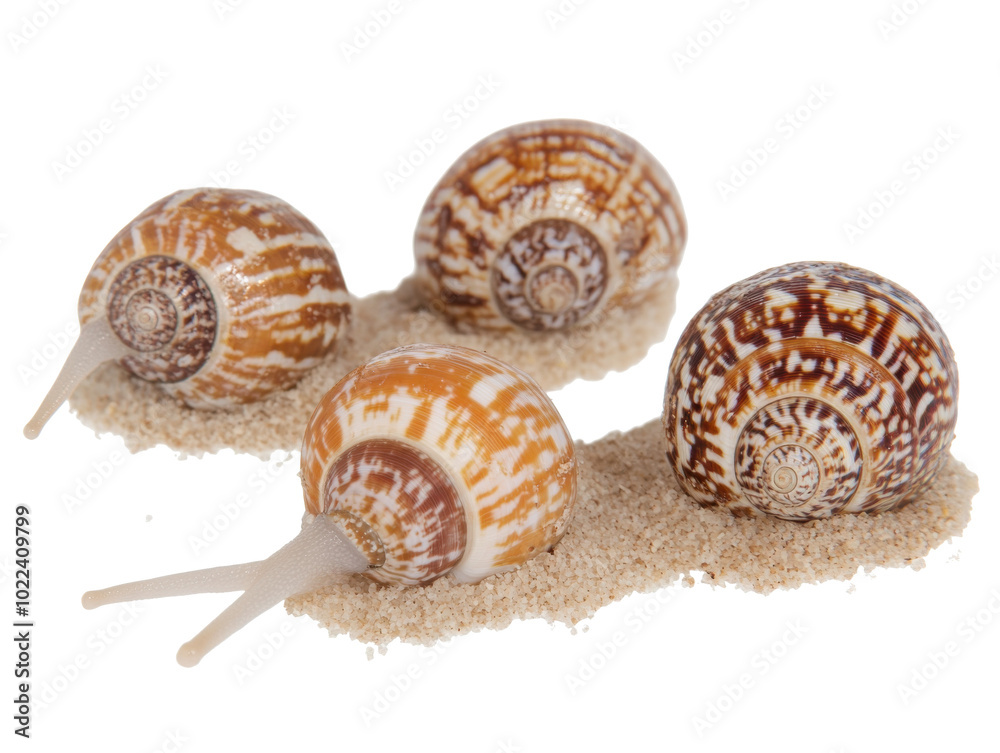 Sea snail shells on sand with white background for coastal decor and beach themes Sea snail shells on sand with white background for coastal decor and beach themes