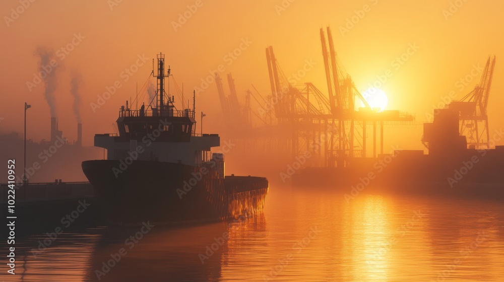 Fototapeta premium A Cargo Ship at Sunset with Industrial Structures in the Background