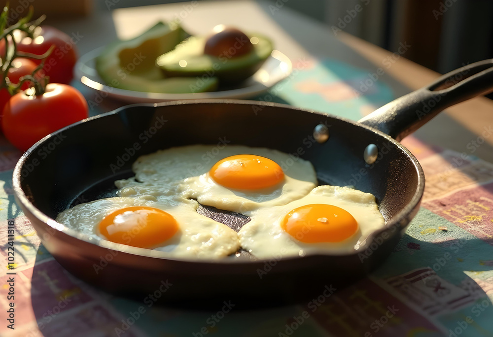 Fried eggs in skillet with vibrant yolks, surrounded by fresh tomatoes and avocados on colorful tablecloth, create warm and inviting breakfast scene Fried eggs in skillet with vibrant yolks, surrounded by fresh tomatoes and avocados on colorful tablecloth, create warm and inviting breakfast scene