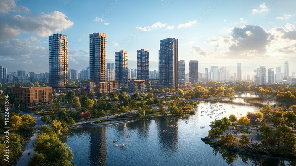 Naklejka premium Modern Skyscrapers Overlooking a Serene Lake and Park in a Cityscape