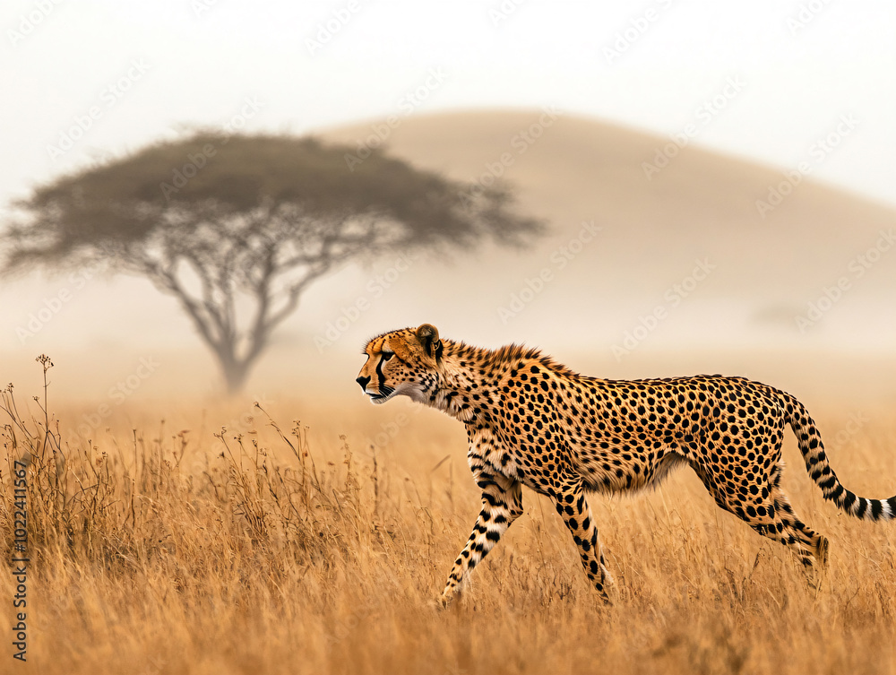 The Cheetah on the Prowl. Cheetah walking across a dry grass field. The Cheetah on the Prowl. Cheetah walking across a dry grass field.