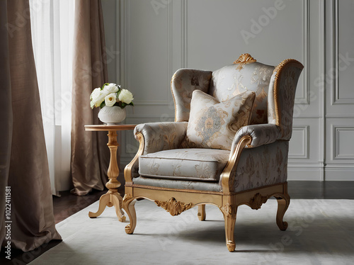 Elegant Wingback Chair Paired with Decorative Pillows on a White Floor.  A regal wingback chair adorned with decorative pillows stands on a spotless white floor, adding sophistication to the space. photo