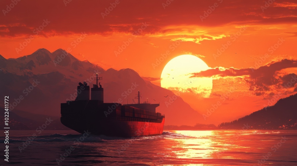 Cargo Ship Sailing Through a Dramatic Sunset Over Mountains Cargo Ship Sailing Through a Dramatic Sunset Over Mountains
