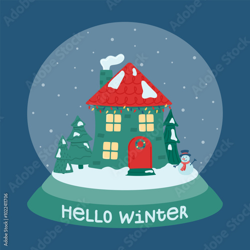Hello winter. Cute Christmas and winter house. Glass ball with a decorated house on the background of falling snow, fir trees and a snowman.