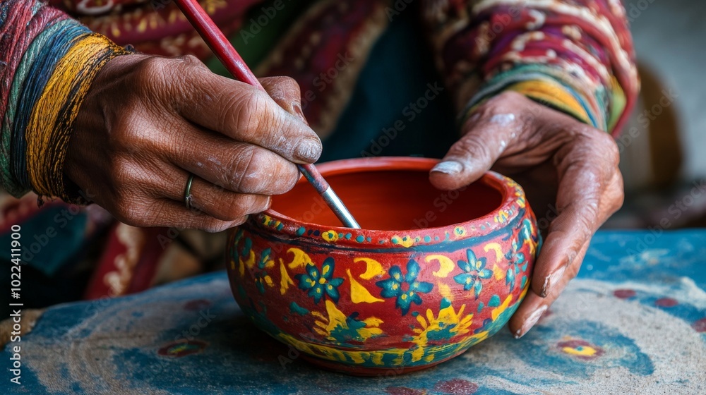 A Ladakhi woman painting detailed designs on pottery, using vibrant colors and traditional motifs A Ladakhi woman painting detailed designs on pottery, using vibrant colors and traditional motifs