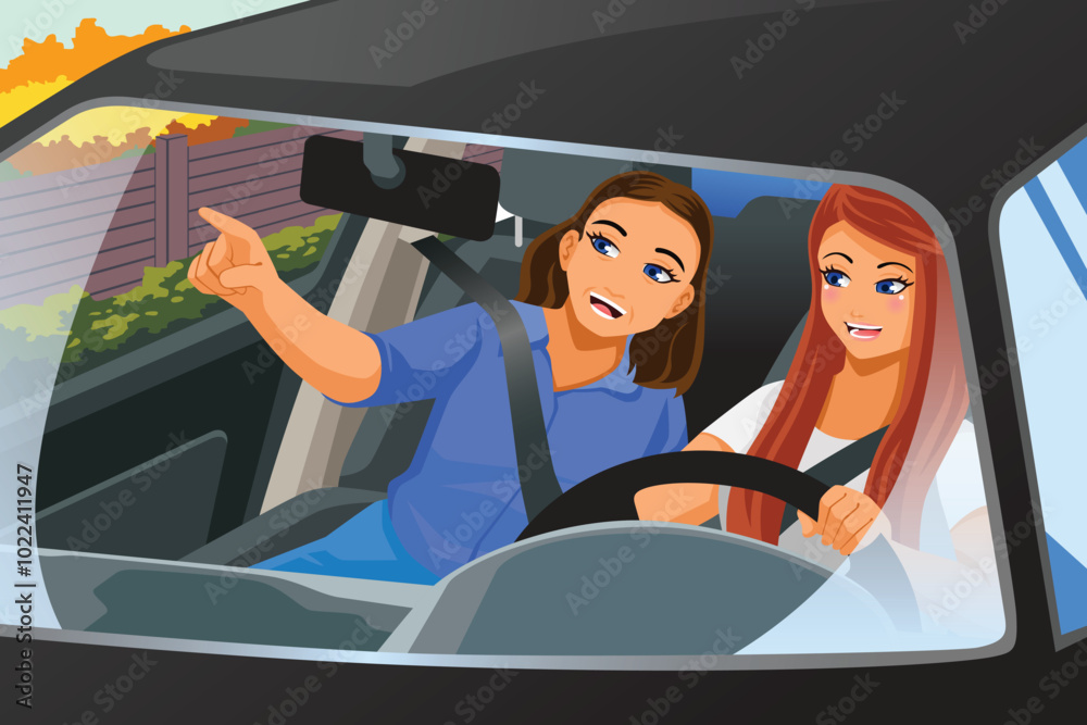 Teenager Learning How to Drive with Parent Vector Illustration Teenager Learning How to Drive with Parent Vector Illustration