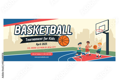 Kids Basketball Tournamen Poster Banner Vector Illustration