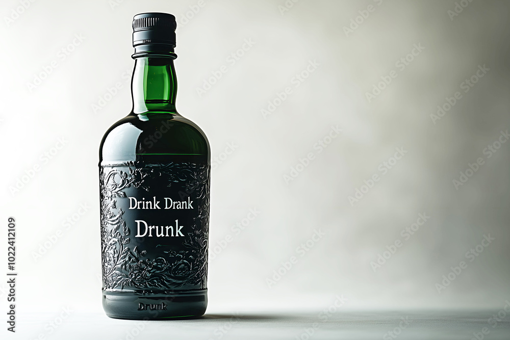 A bottle of dark green liquor sitting against a light gray background. In front is an empty space that could be used for text or product photography. copy space A bottle of dark green liquor sitting against a light gray background. In front is an empty space that could be used for text or product photography. copy space