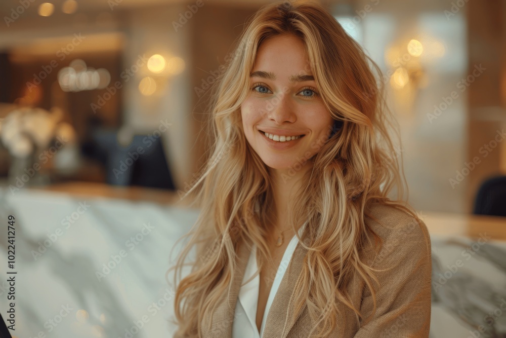 Smiling Hotel Receptionist in Suit Assisting Guest with Mobile Phone and Computer at Front Desk