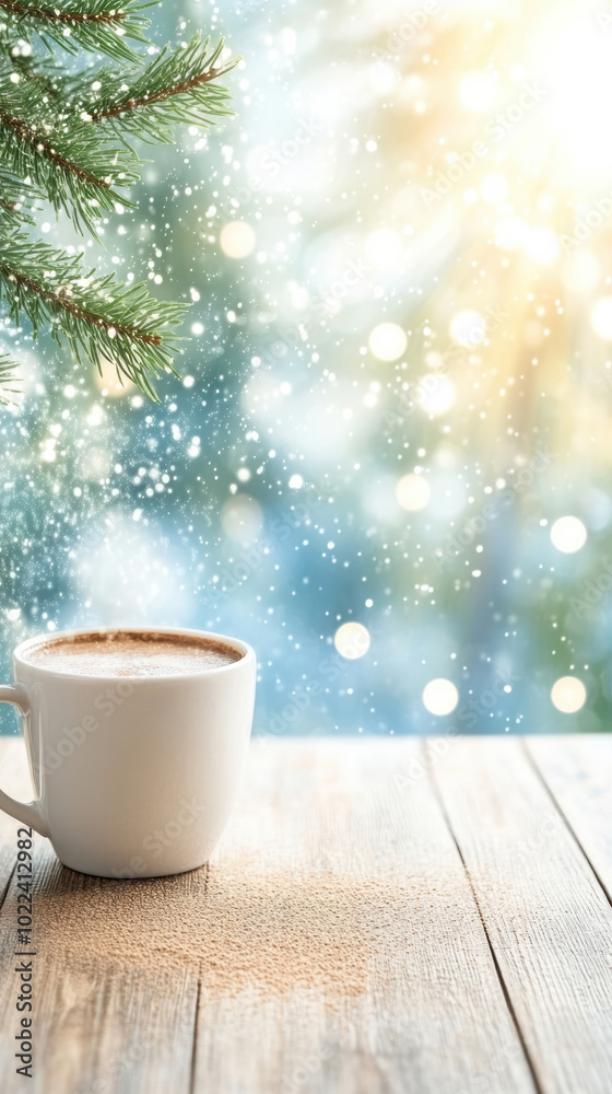 A cozy cup of coffee sits on a wooden table, surrounded by a winter scene with snowflakes and warm bokeh lights.