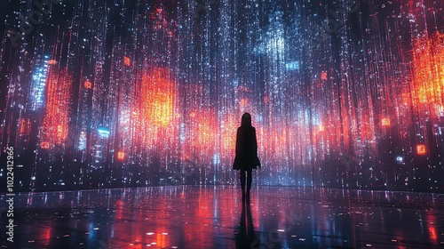 Silhouette of a Person in a Digital Rain of Light